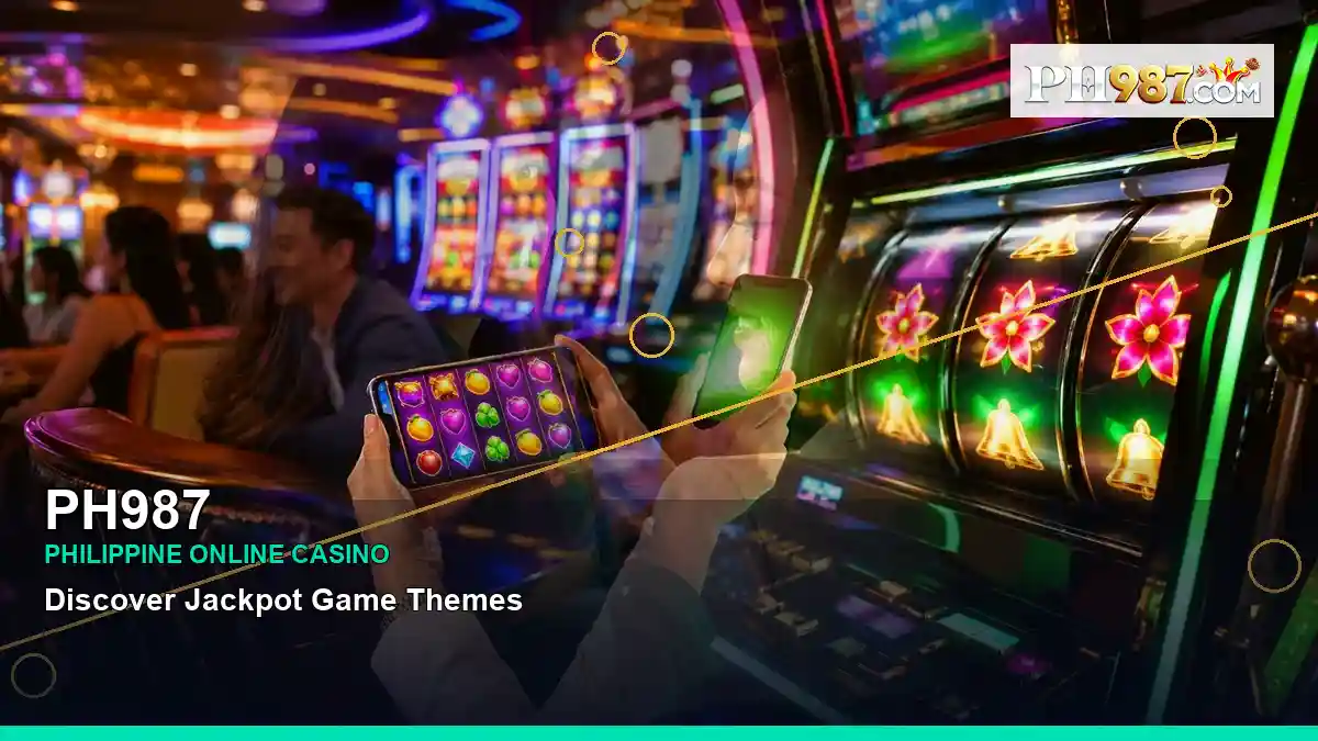 PH987 gold jackpot slot games featuring an adult Filipina casino host with a layered collage composition — view 2