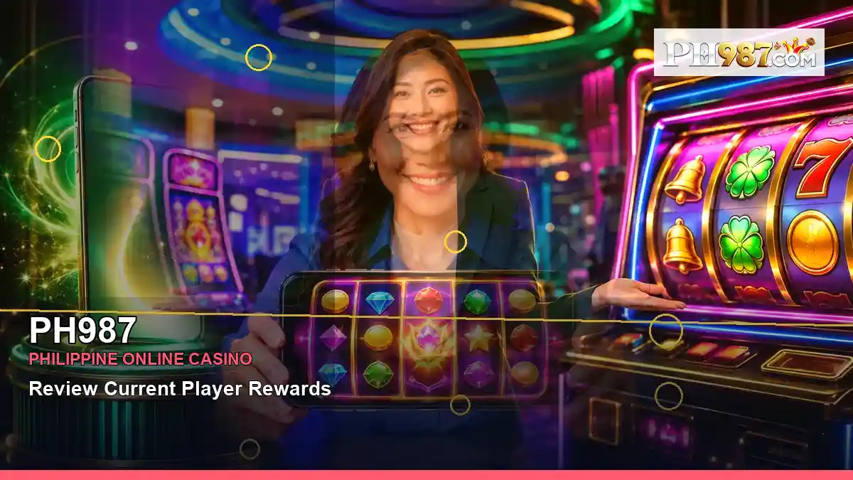 PH987 Philippines casino guide with right close-up lucky reels online slot games and an adult Filipina casino host