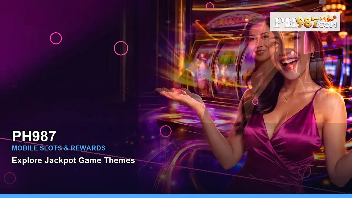 PH987 neon jackpot slot games featuring an adult Filipina casino host with a right-framed composition